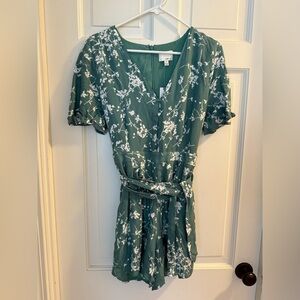 Anthropologie Greylin green romper with White Floral Design